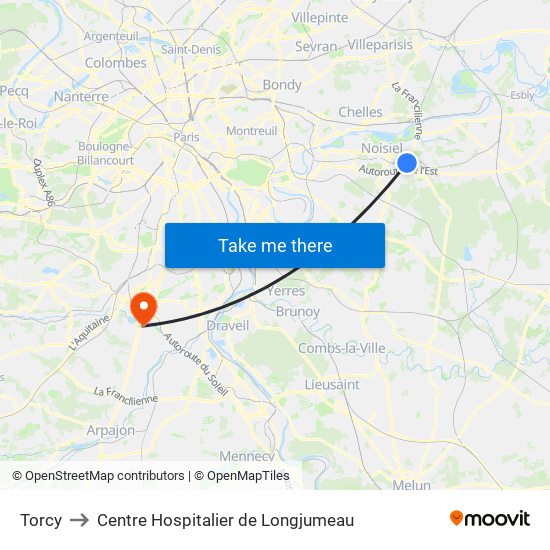 Torcy to Centre Hospitalier de Longjumeau map