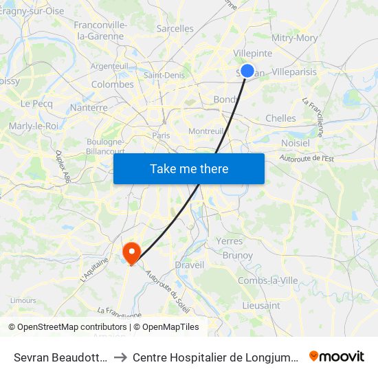 Sevran Beaudottes to Centre Hospitalier de Longjumeau map