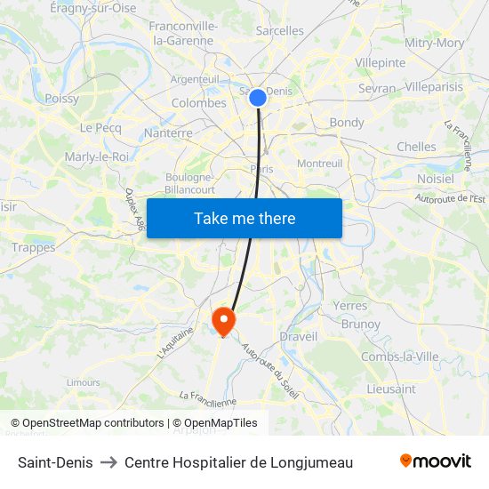 Saint-Denis to Centre Hospitalier de Longjumeau map