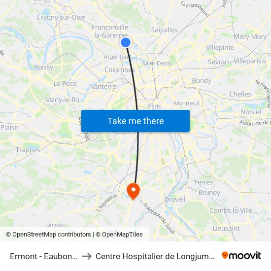 Ermont - Eaubonne to Centre Hospitalier de Longjumeau map