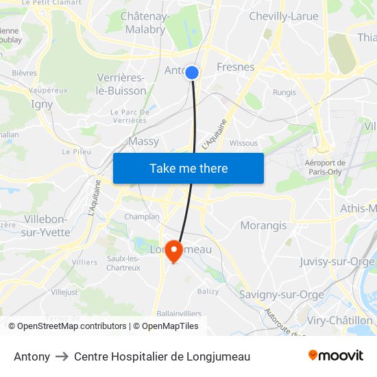 Antony to Centre Hospitalier de Longjumeau map