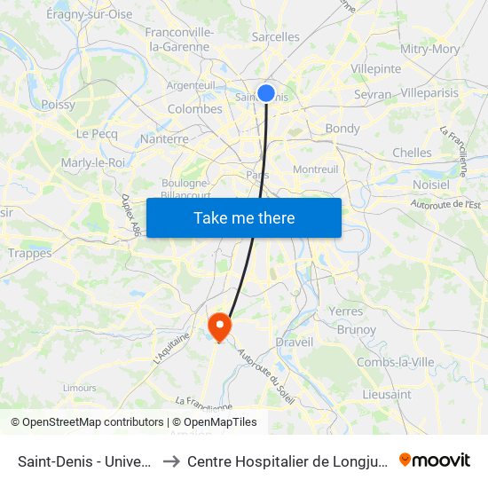 Saint-Denis - Université to Centre Hospitalier de Longjumeau map