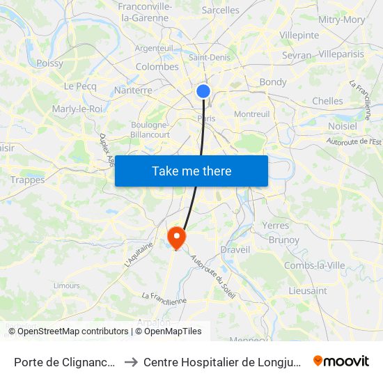 Porte de Clignancourt to Centre Hospitalier de Longjumeau map