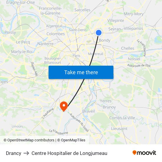 Drancy to Centre Hospitalier de Longjumeau map