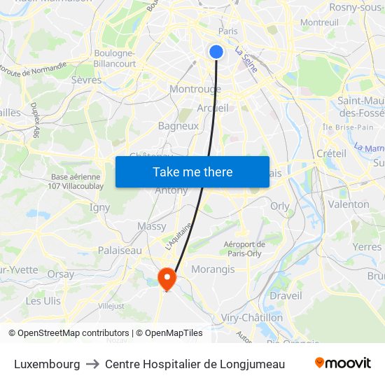 Luxembourg to Centre Hospitalier de Longjumeau map