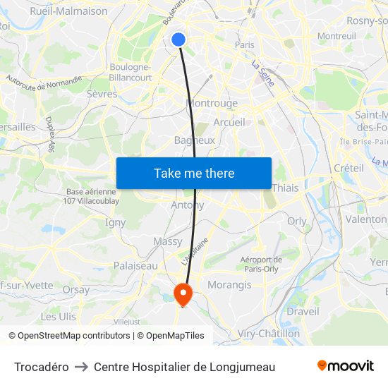 Trocadéro to Centre Hospitalier de Longjumeau map