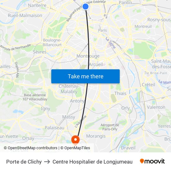 Porte de Clichy to Centre Hospitalier de Longjumeau map