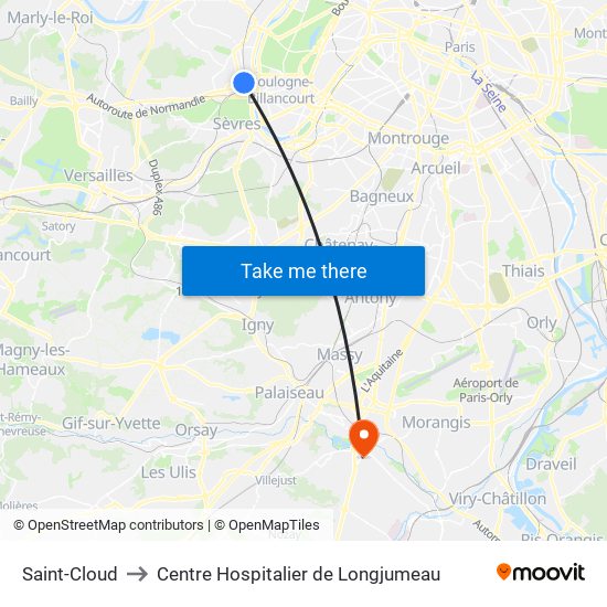 Saint-Cloud to Centre Hospitalier de Longjumeau map