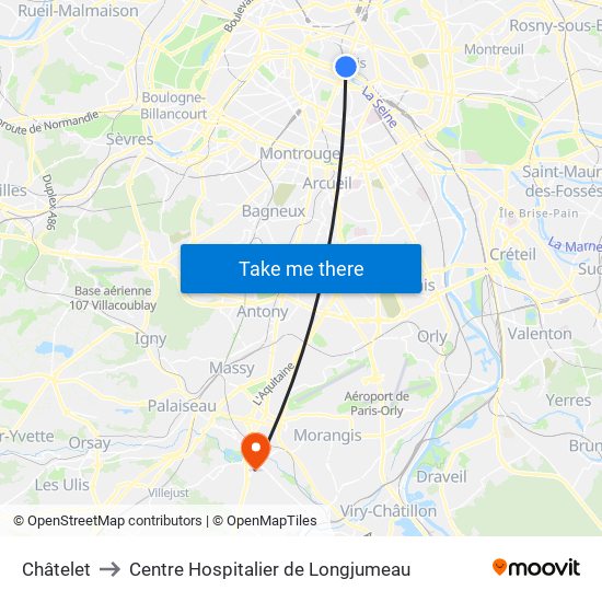 Châtelet to Centre Hospitalier de Longjumeau map