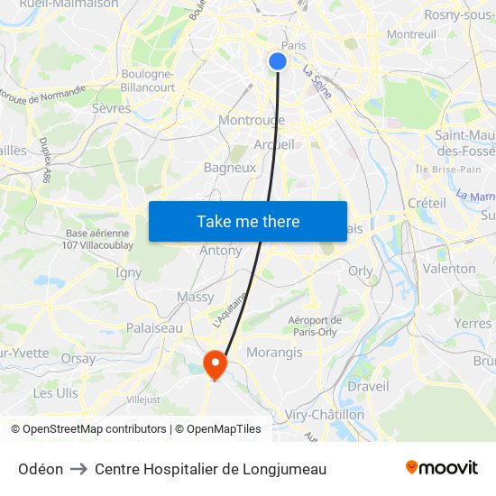 Odéon to Centre Hospitalier de Longjumeau map