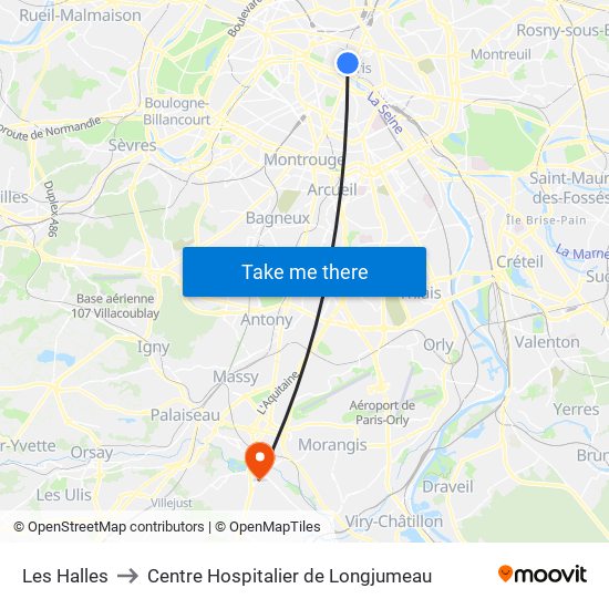 Les Halles to Centre Hospitalier de Longjumeau map