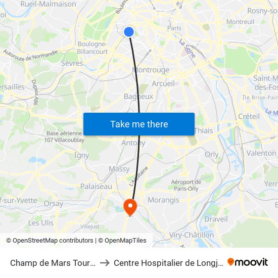 Champ de Mars Tour Eiffel to Centre Hospitalier de Longjumeau map