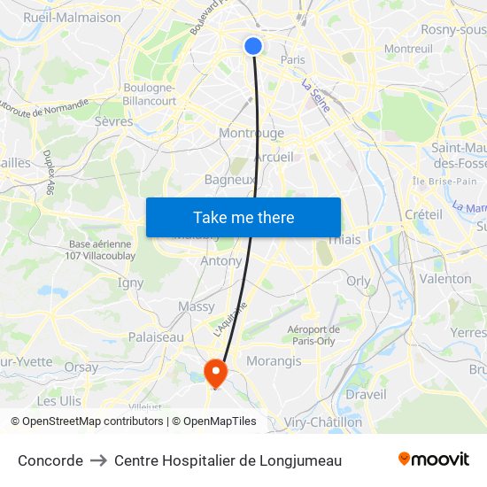 Concorde to Centre Hospitalier de Longjumeau map