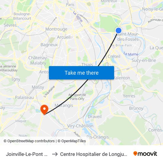 Joinville-Le-Pont RER to Centre Hospitalier de Longjumeau map