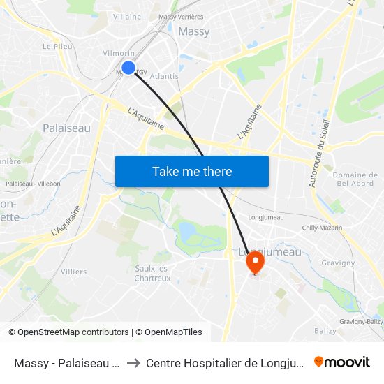 Massy - Palaiseau RER to Centre Hospitalier de Longjumeau map
