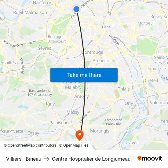 Villiers - Bineau to Centre Hospitalier de Longjumeau map