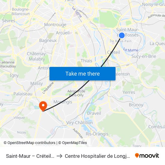 Saint-Maur – Créteil RER to Centre Hospitalier de Longjumeau map