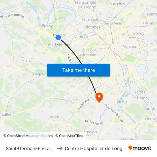 Saint-Germain-En-Laye RER to Centre Hospitalier de Longjumeau map