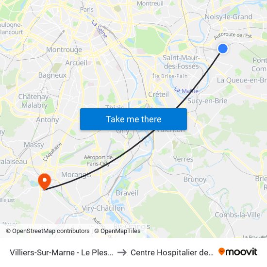 Villiers-Sur-Marne - Le Plessis-Trévise RER to Centre Hospitalier de Longjumeau map