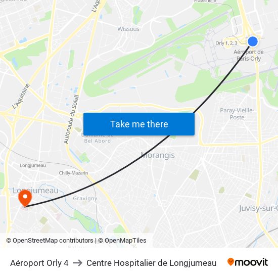 Aéroport Orly 4 to Centre Hospitalier de Longjumeau map