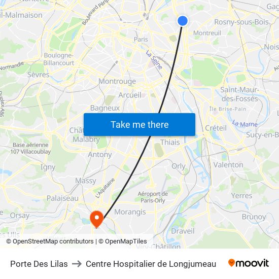 Porte Des Lilas to Centre Hospitalier de Longjumeau map