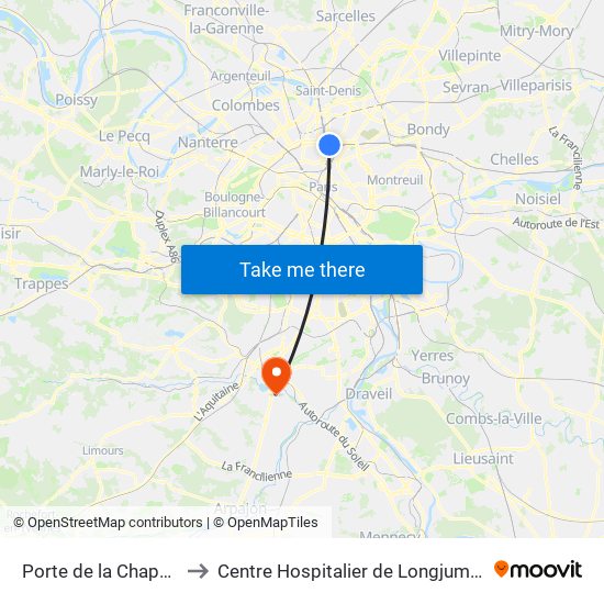Porte de la Chapelle to Centre Hospitalier de Longjumeau map