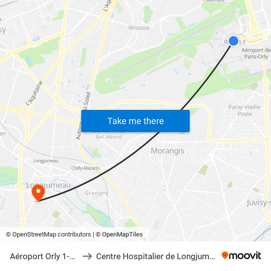Aéroport Orly 1-2-3 to Centre Hospitalier de Longjumeau map