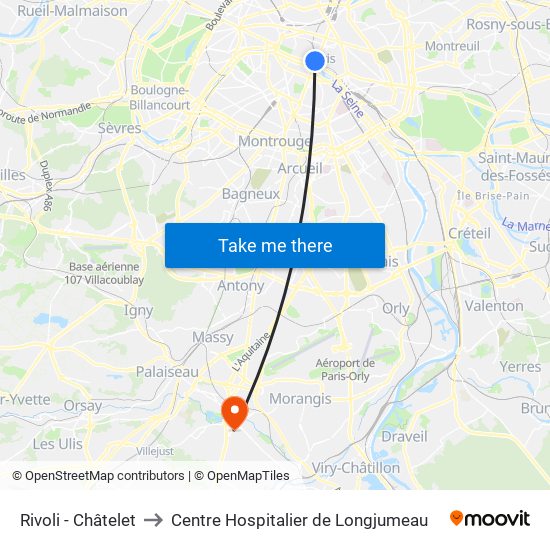 Rivoli - Châtelet to Centre Hospitalier de Longjumeau map