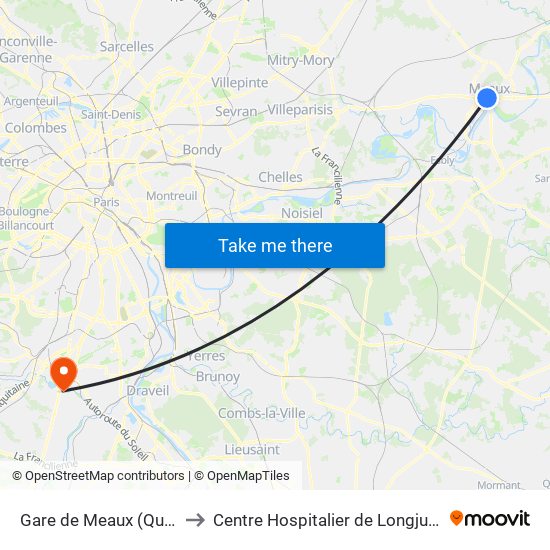 Gare de Meaux (Quai D) to Centre Hospitalier de Longjumeau map