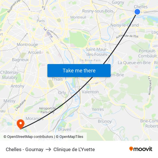 Chelles - Gournay to Clinique de L'Yvette map
