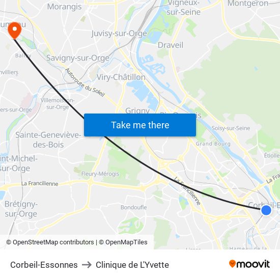 Corbeil-Essonnes to Clinique de L'Yvette map