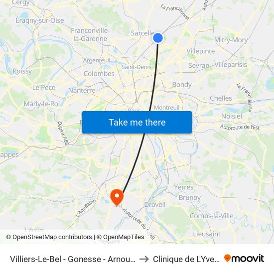 Villiers-Le-Bel - Gonesse - Arnouville to Clinique de L'Yvette map