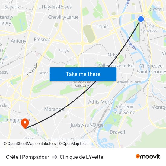 Créteil Pompadour to Clinique de L'Yvette map