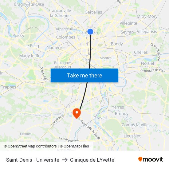 Saint-Denis - Université to Clinique de L'Yvette map