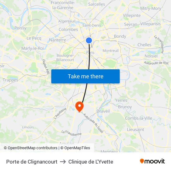 Porte de Clignancourt to Clinique de L'Yvette map