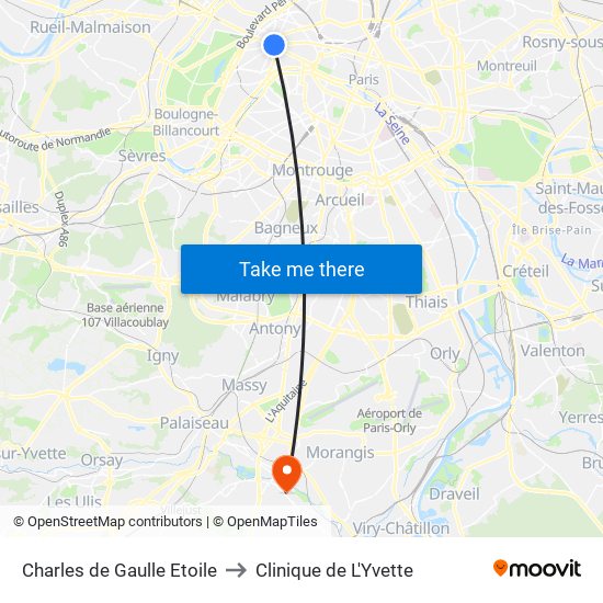 Charles de Gaulle Etoile to Clinique de L'Yvette map