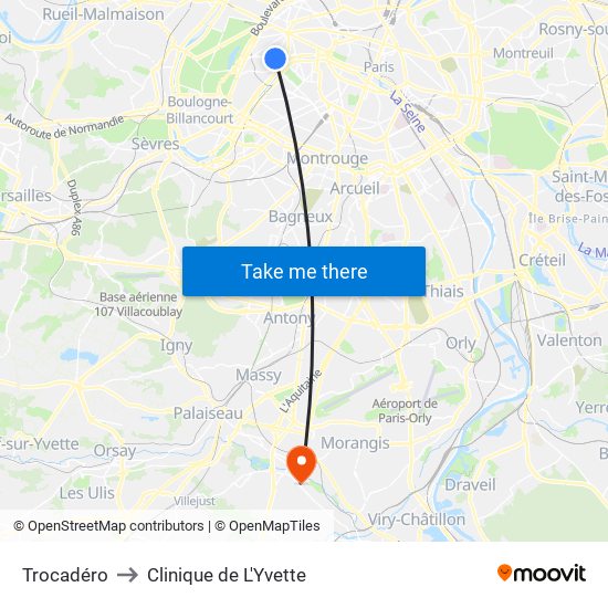 Trocadéro to Clinique de L'Yvette map