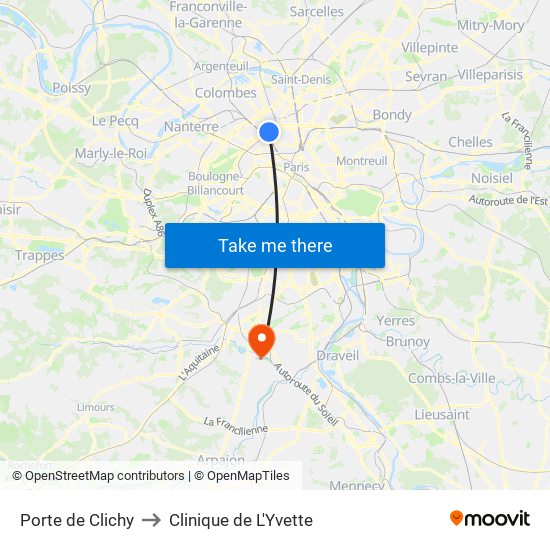 Porte de Clichy to Clinique de L'Yvette map