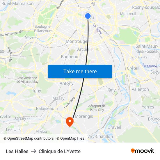 Les Halles to Clinique de L'Yvette map
