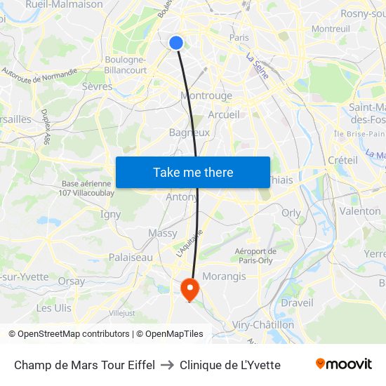 Champ de Mars Tour Eiffel to Clinique de L'Yvette map