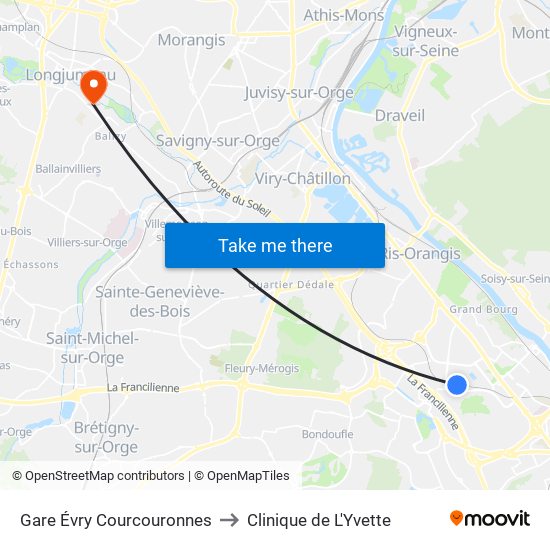 Gare Évry Courcouronnes to Clinique de L'Yvette map