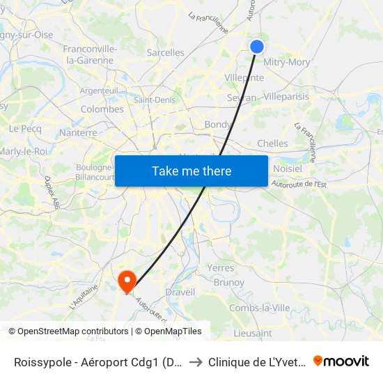 Roissypole - Aéroport Cdg1 (D3) to Clinique de L'Yvette map