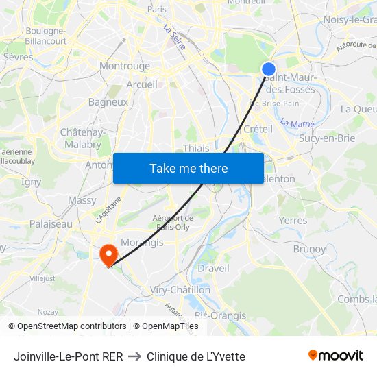 Joinville-Le-Pont RER to Clinique de L'Yvette map