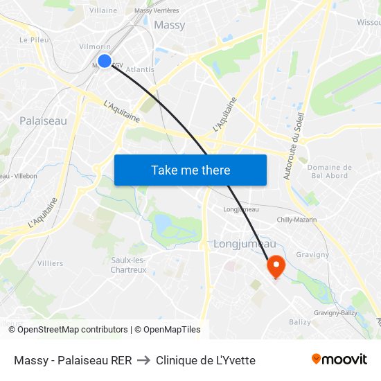 Massy - Palaiseau RER to Clinique de L'Yvette map