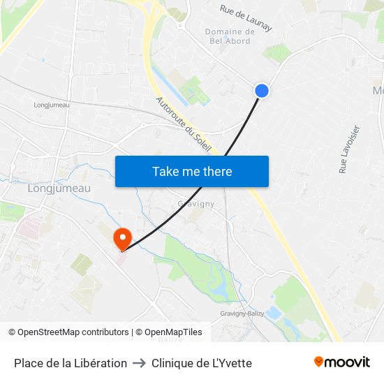 Place de la Libération to Clinique de L'Yvette map