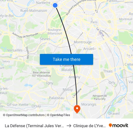 La Défense (Terminal Jules Verne) to Clinique de L'Yvette map