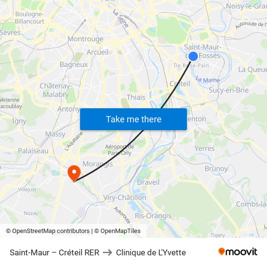 Saint-Maur – Créteil RER to Clinique de L'Yvette map