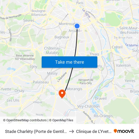 Stade Charléty (Porte de Gentilly) to Clinique de L'Yvette map