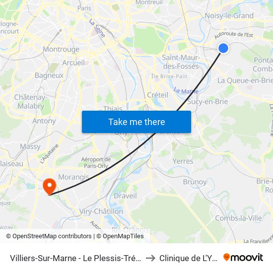 Villiers-Sur-Marne - Le Plessis-Trévise RER to Clinique de L'Yvette map