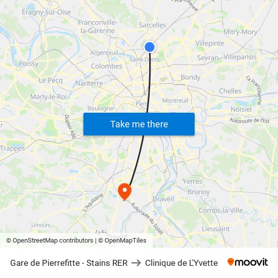 Gare de Pierrefitte - Stains RER to Clinique de L'Yvette map